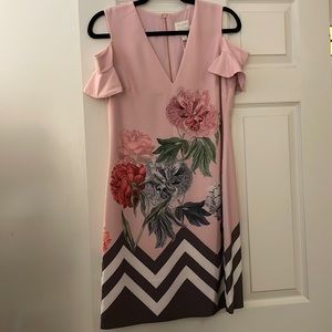 Ted Baker Pink Floral Print Dress with Ruffle Off the Shoulders